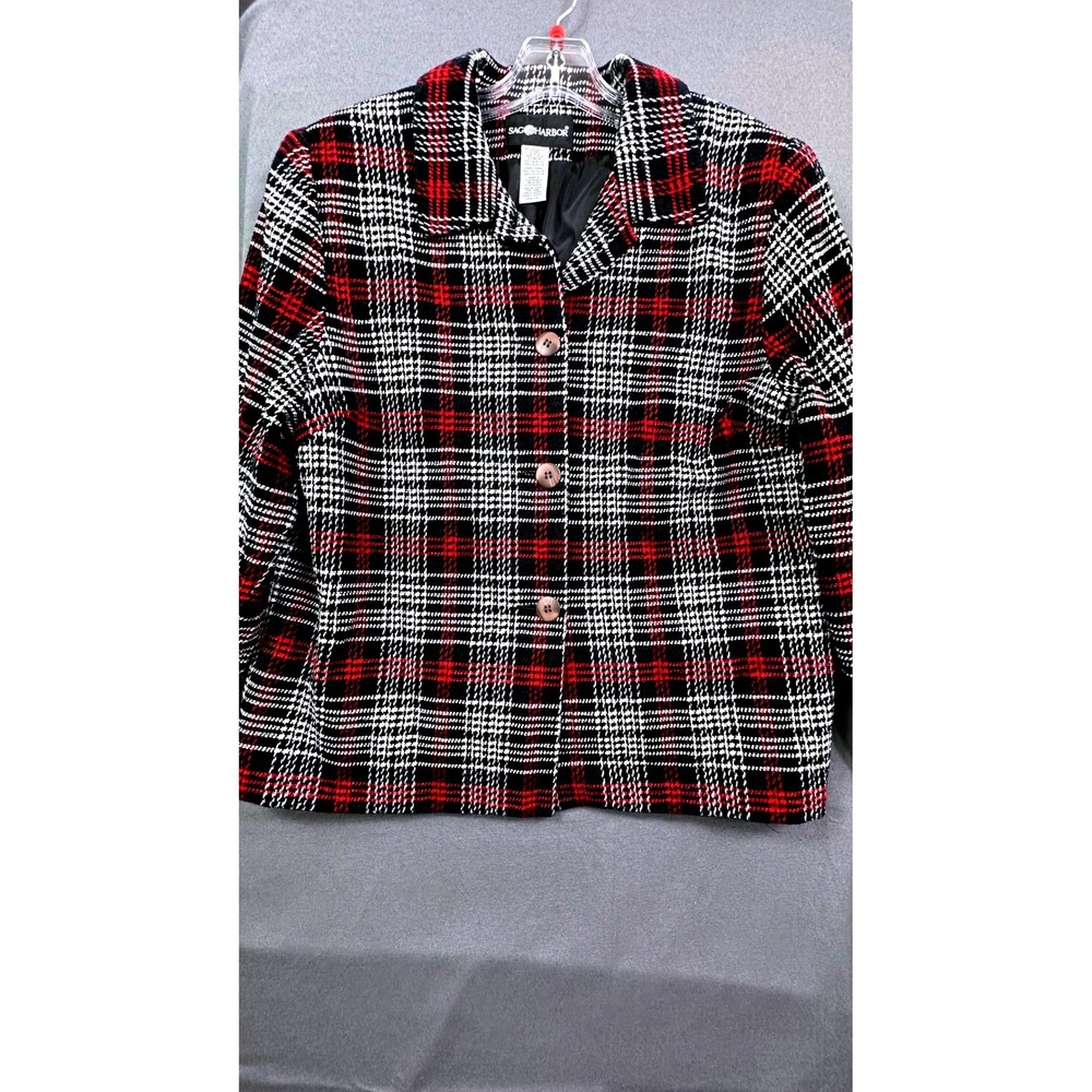 Sag Harbor Womens Red Black Plaid Button Front Blazer Jacket‎ Size 14 F13067